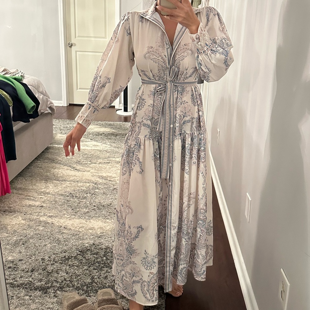 Long Sleeve Floral Maxi Shirt Dress in Light Cream